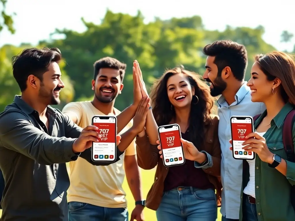 A group of Brazilian friends celebrating a win while using the 707 Bet VIP app on their smartphones, showcasing the platform's popularity and community aspect.