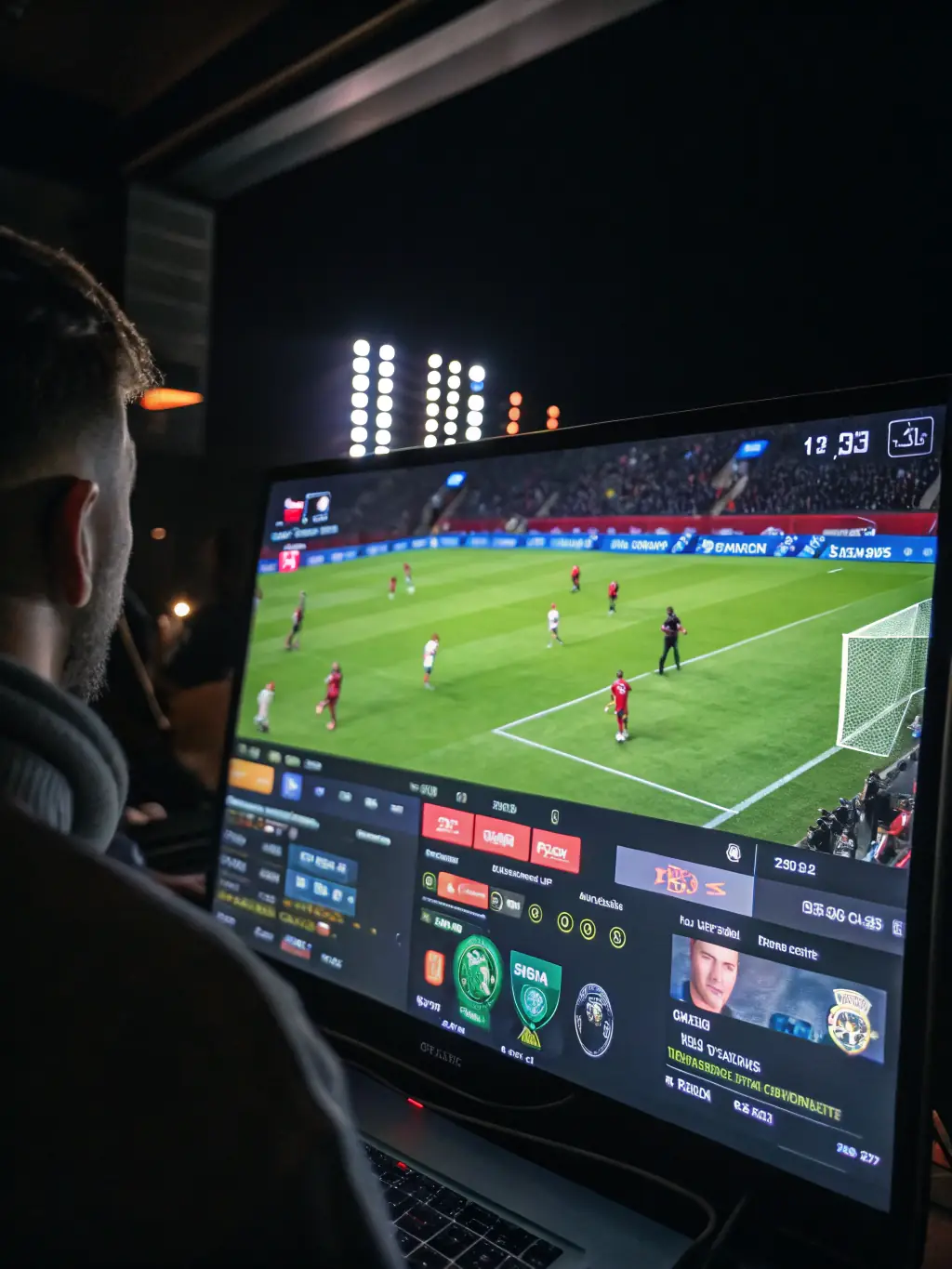 A dynamic image of a virtual soccer field with animated players, showcasing live in-game betting options and real-time odds from a 707 Bet VIP soccer match.